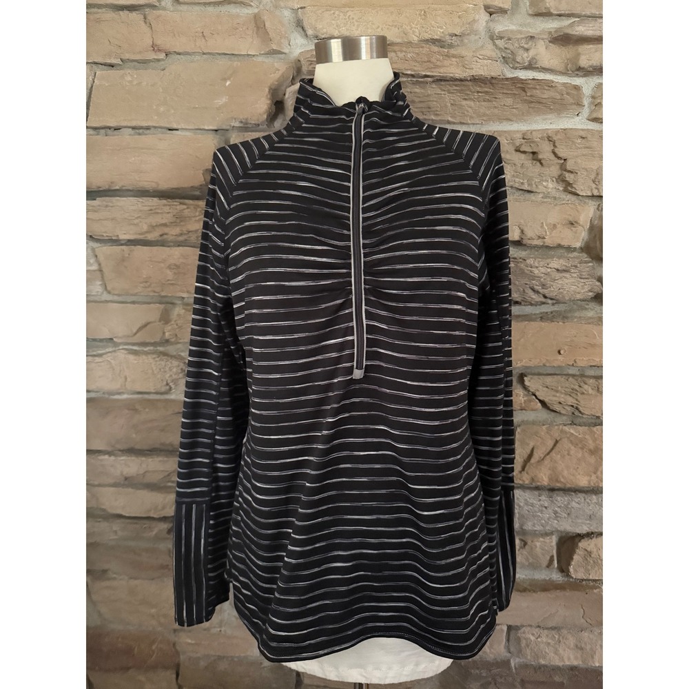 Athleta Womens XL Black White Striped Quarter Zip Pullover Thumbhole Active Top